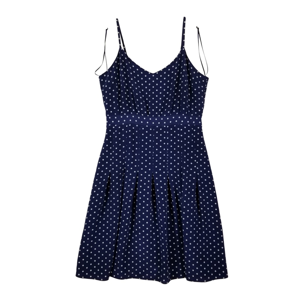J.Crew Silk Dress Women 12P Navy Blue Polka Dot Pleated V-Neck Spaghetti Strap